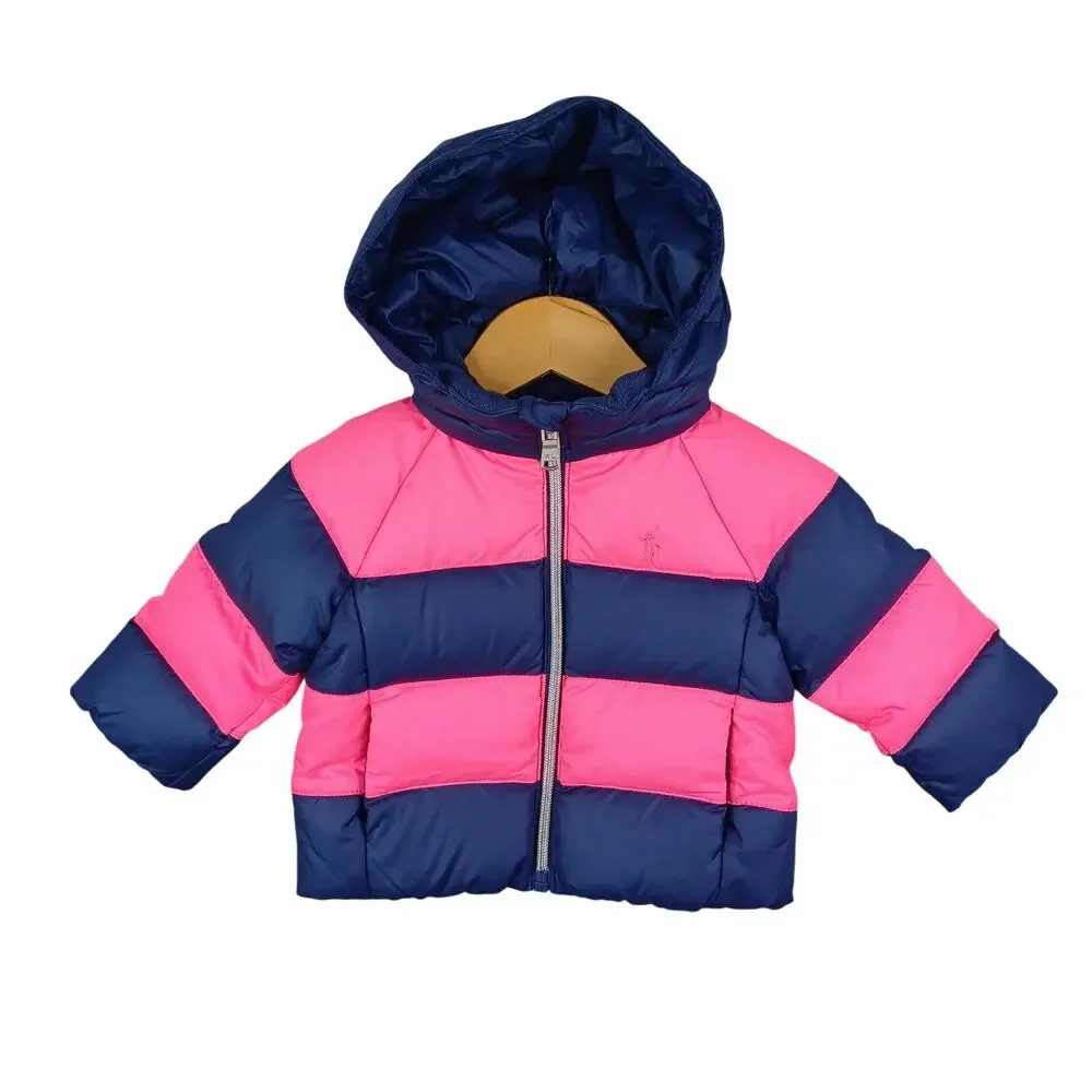 Ralph Lauren Down Puffer Coat Baby Girl Size 6 Months Hooded Jacket Pink‎ Blue